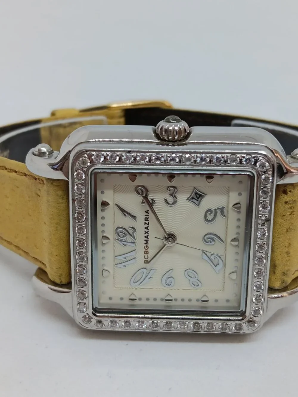 BCBGMAXAZRIA BG6040 Women's 34mm Crystal Bezel S/Steel Square Watch NEW BATTERY